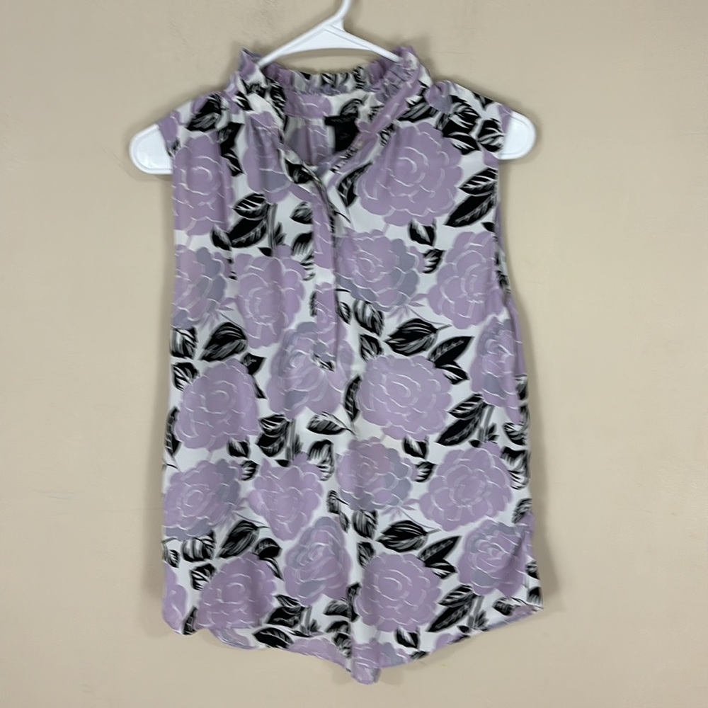 Ann Taylor Factory Modest Ruffle Floral  Neck Sleeveless Top Tunic Size M